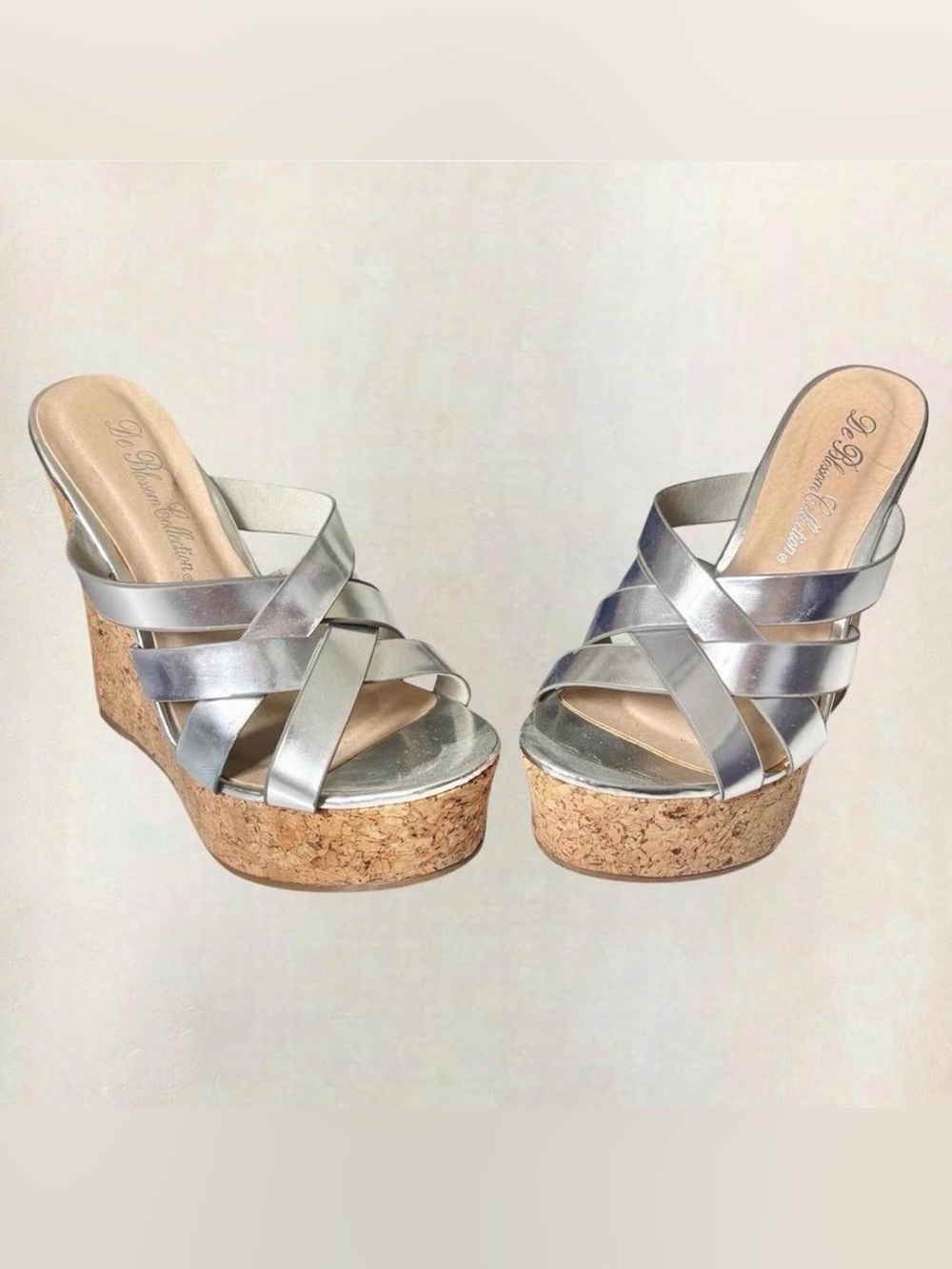 De Blossom Collection Silver Metallic Cork Wedge Sandals - used